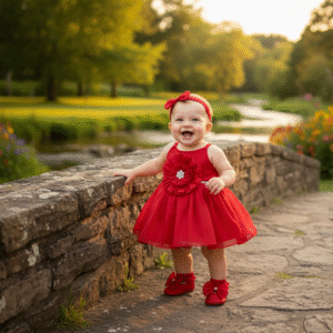 Luxury satin baby frock- Dark Red