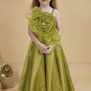 Mehandi Green Partywear Gown With Oversized Floral Applique