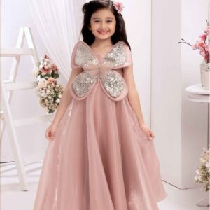 Peach Butterfly Embellished With Sequins And Pearl Work Gown For Girls