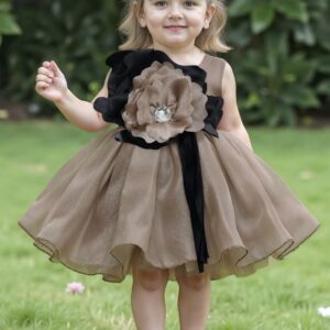 Brown Partywear Frock With Oversized Black and Grey Floral Applique For Girls