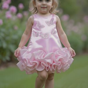 Pink Party Wear Frock With 3D Butterfly Appliques And Bubble Hemline Fir Girls