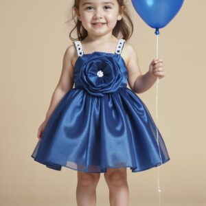 Peacock Blue Floral Embellishment And Floral Work Frock for Girls