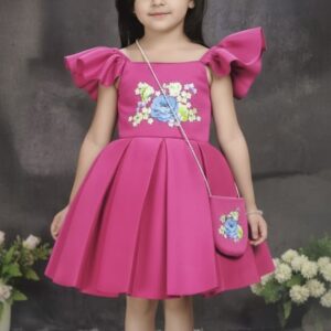 Vibrant Pink Party Wear Frock with Sling Bag