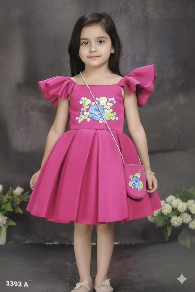 Vibrant Pink Party Wear Frock with Sling Bag