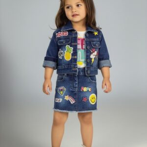 Patched Denim jacket with Skirt Set
