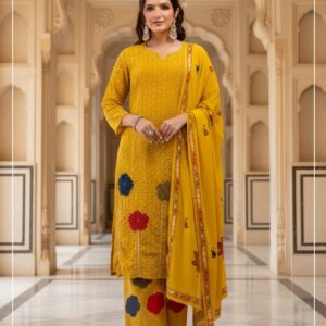 Chickankari 3 Piece Suit Set - Mustard Yellow