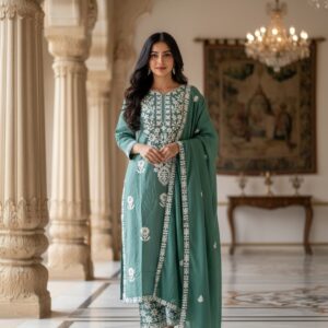 Dusty Teal Embroidered Kurta with Trousers & Dupatta