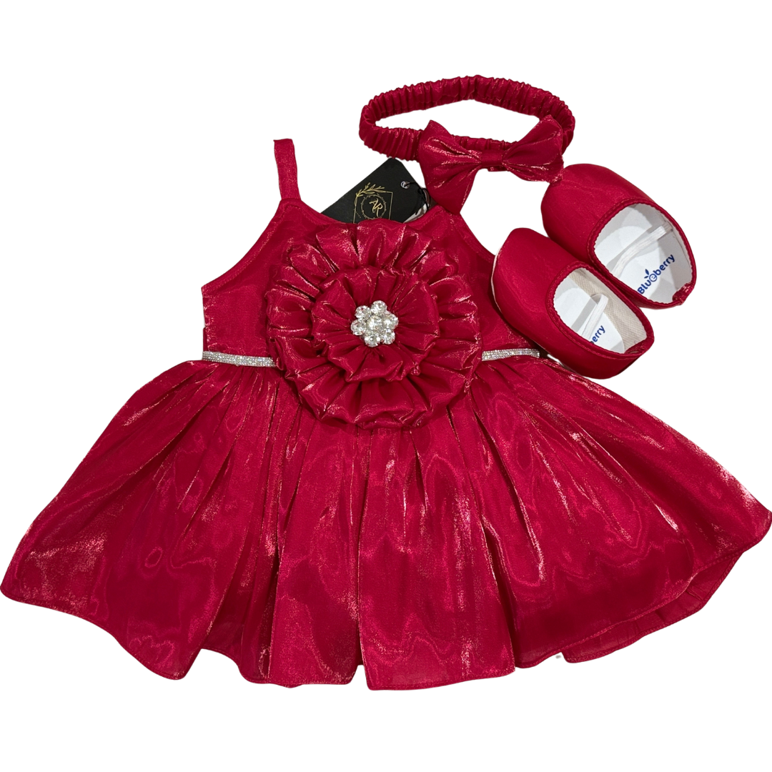 Luxury satin baby frock- Dark Red - Image 2
