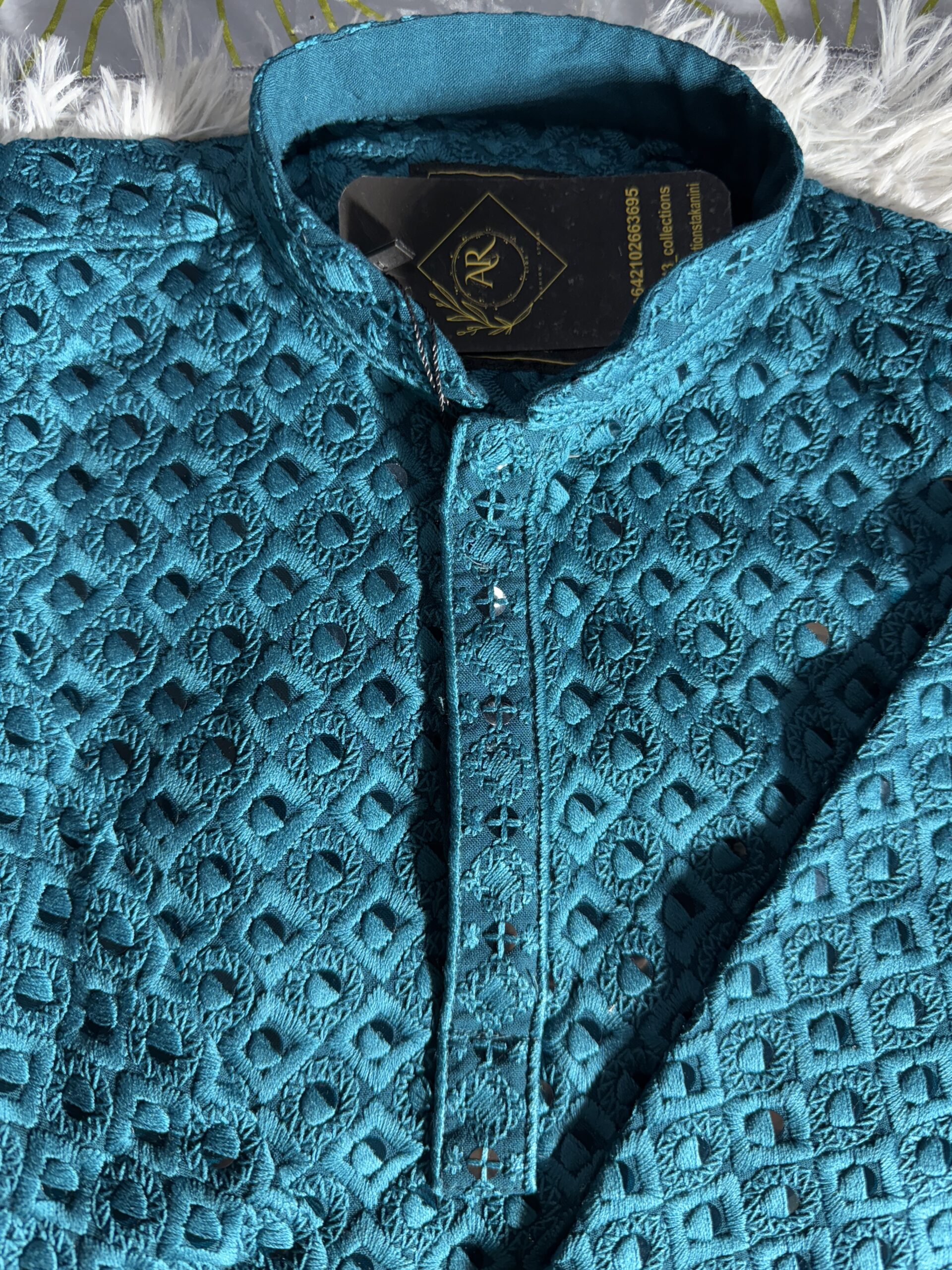 Blue Kurta Set With Sequins Embroidery For Boys - Image 2