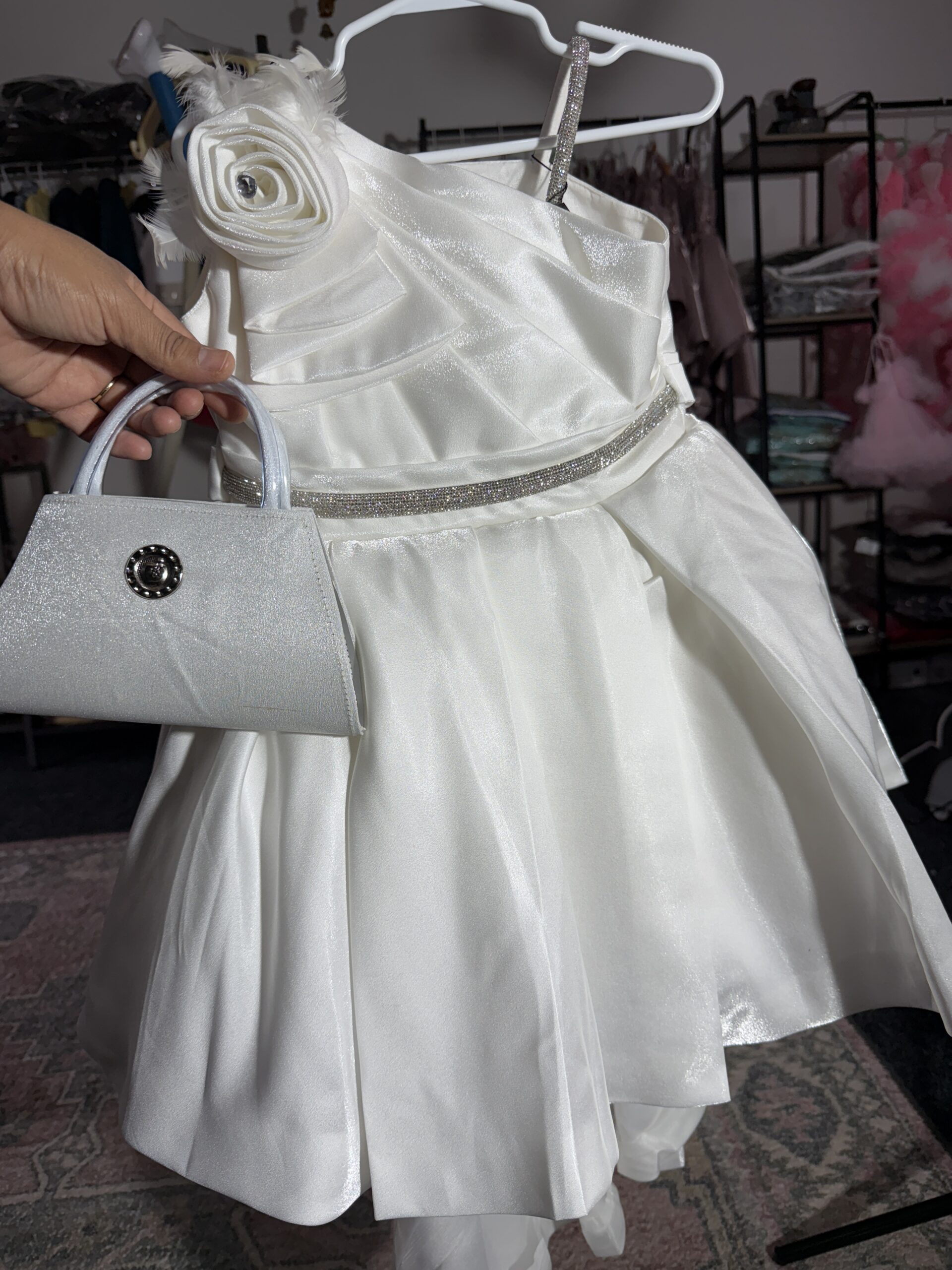 Party Wear Frock for Girls with Hat and Hand bag- white - Image 2