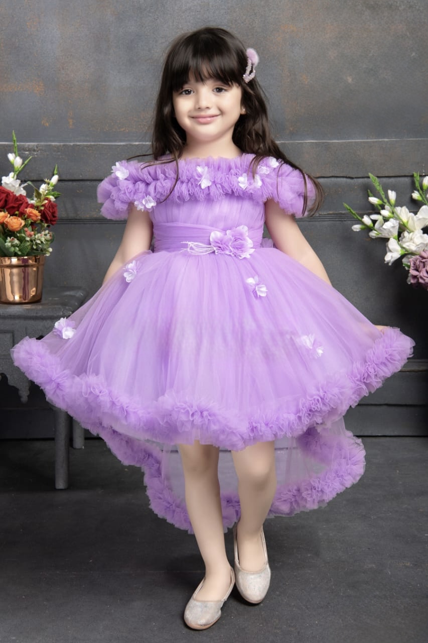 Purple Ruffled Net Tailback Frock With Floral And Butterfly Embellishment For Girls