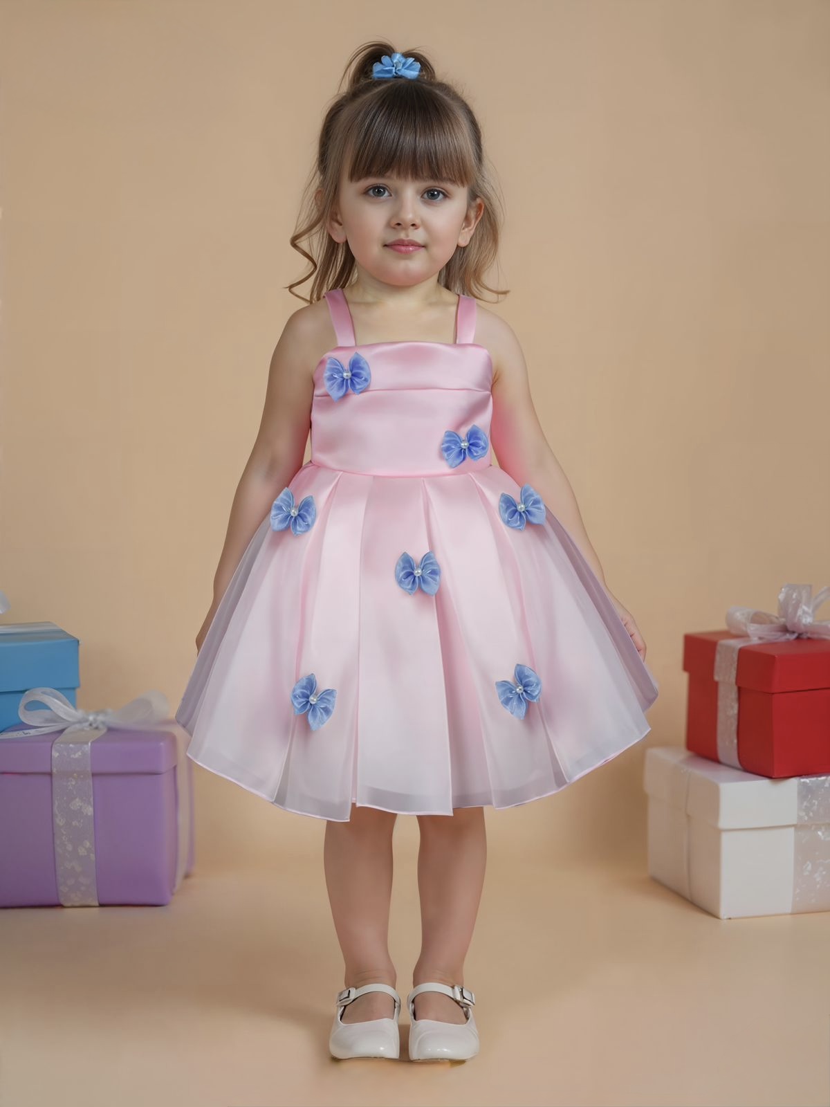 Pink Bow Embellishment Party Wear Frock For Girls