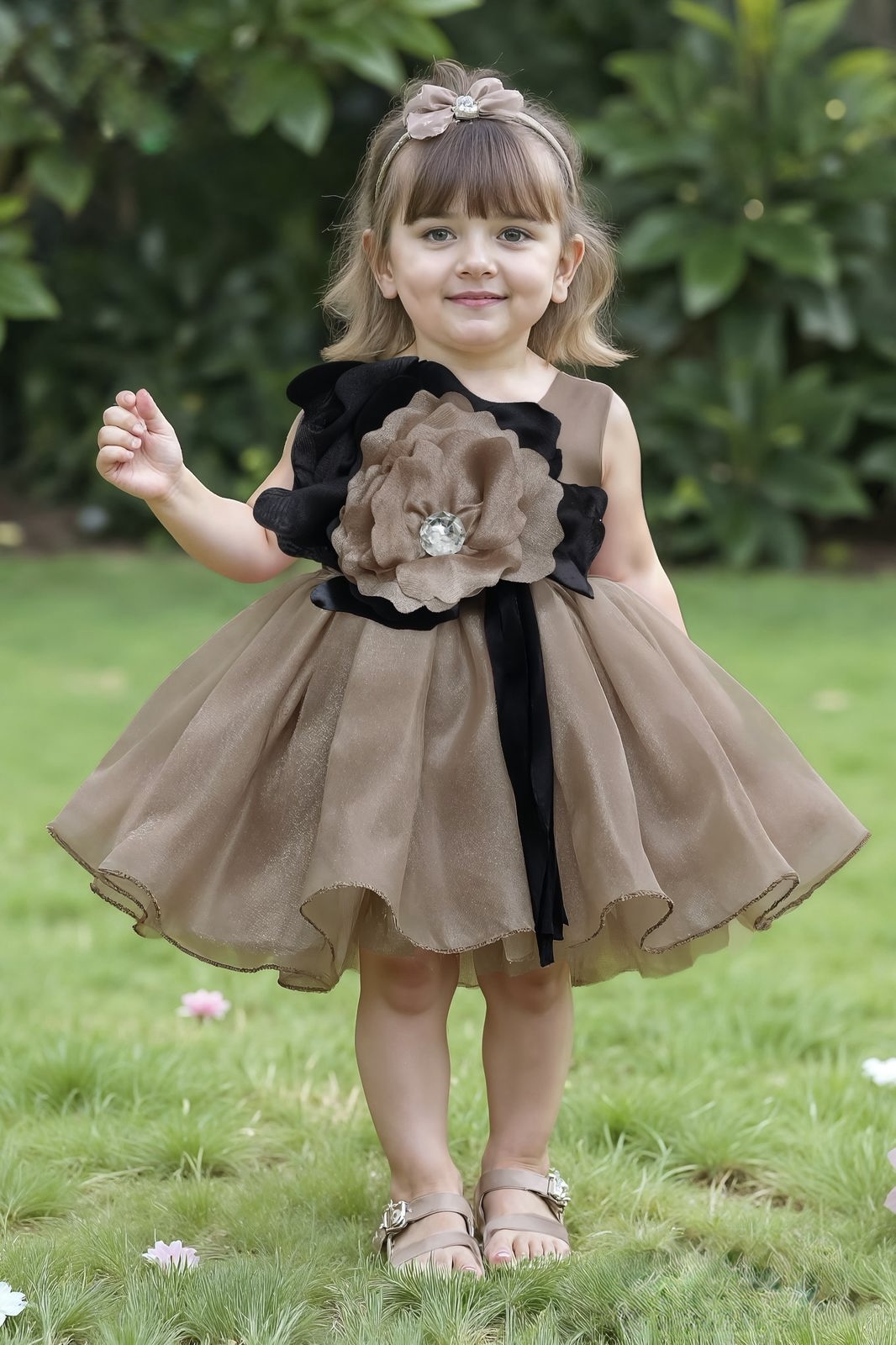 Brown Partywear Frock With Oversized Black and Grey Floral Applique For Girls
