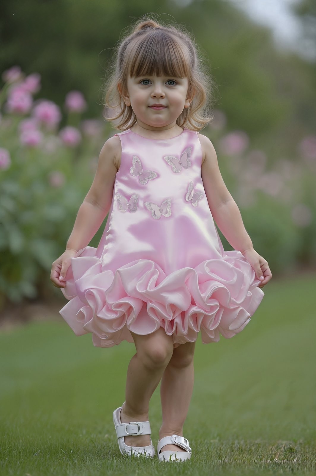 Pink Party Wear Frock With 3D Butterfly Appliques And Bubble Hemline Fir Girls