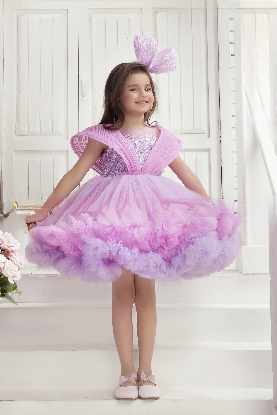 Lavender Ruffle Party Frock With Sequins Embellishment For Girls - Image 2
