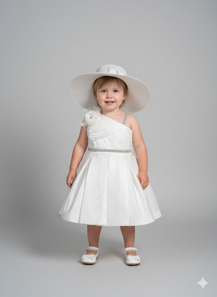 Party Wear Frock for Girls with Hat and Hand bag- white
