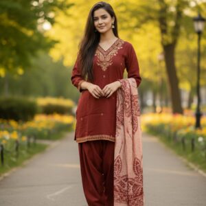 Regal Embroidered Afgani Suit Set -Rust