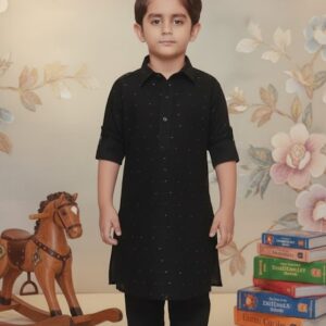 Elegant Black Speckled Cotton Kurta Pajama Set for Boys