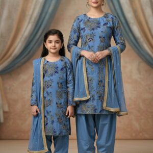 Sky Blue Mother & Daughter Matching Embroidered Salwar Suit Set