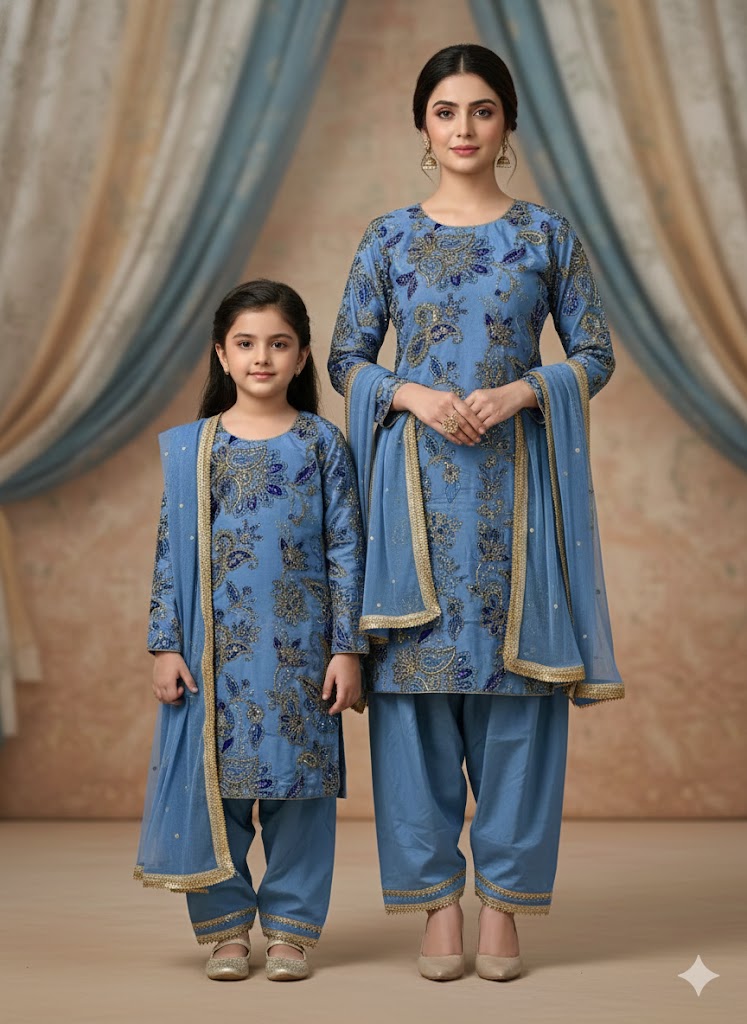 Sky Blue Mother & Daughter Matching Embroidered Salwar Suit Set