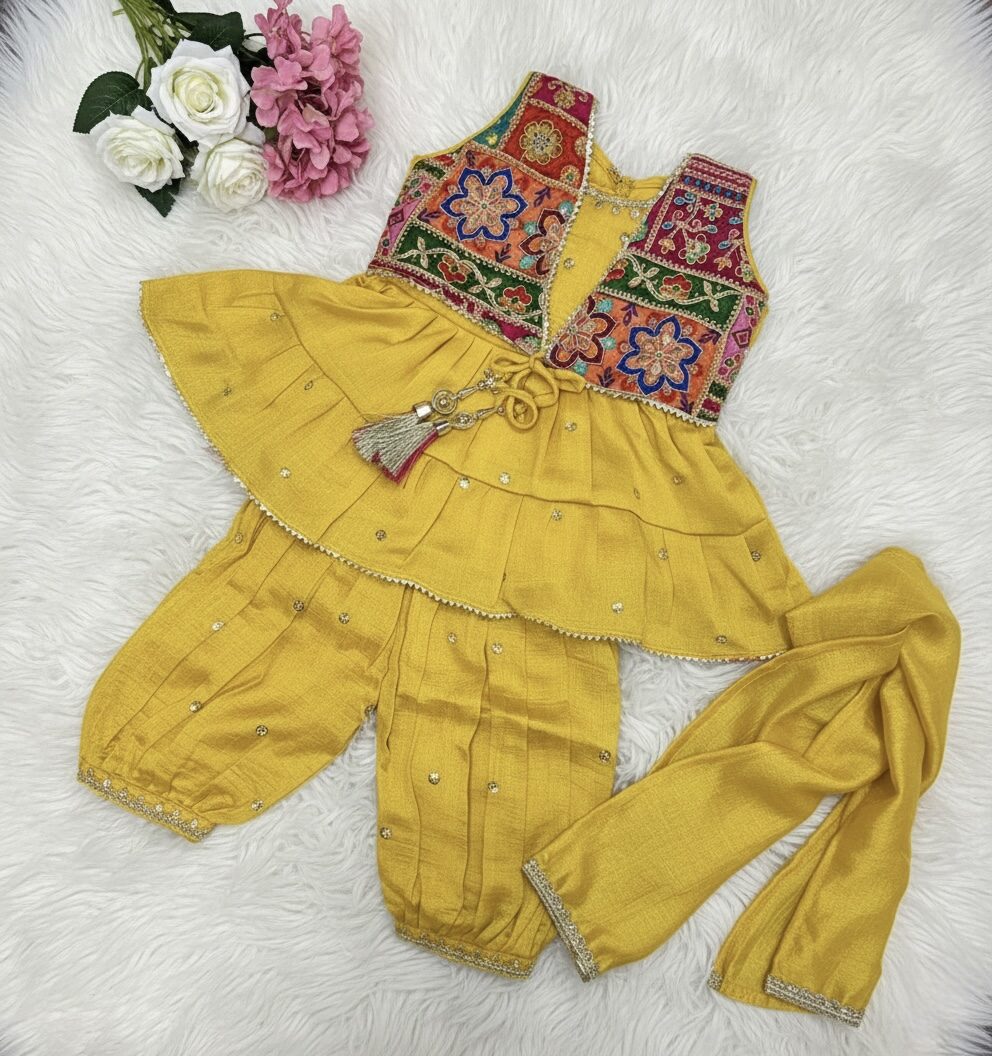 Girls' Mustard Yellow Embroidered Peplum Top with Afgani Pants & Dupatta Set