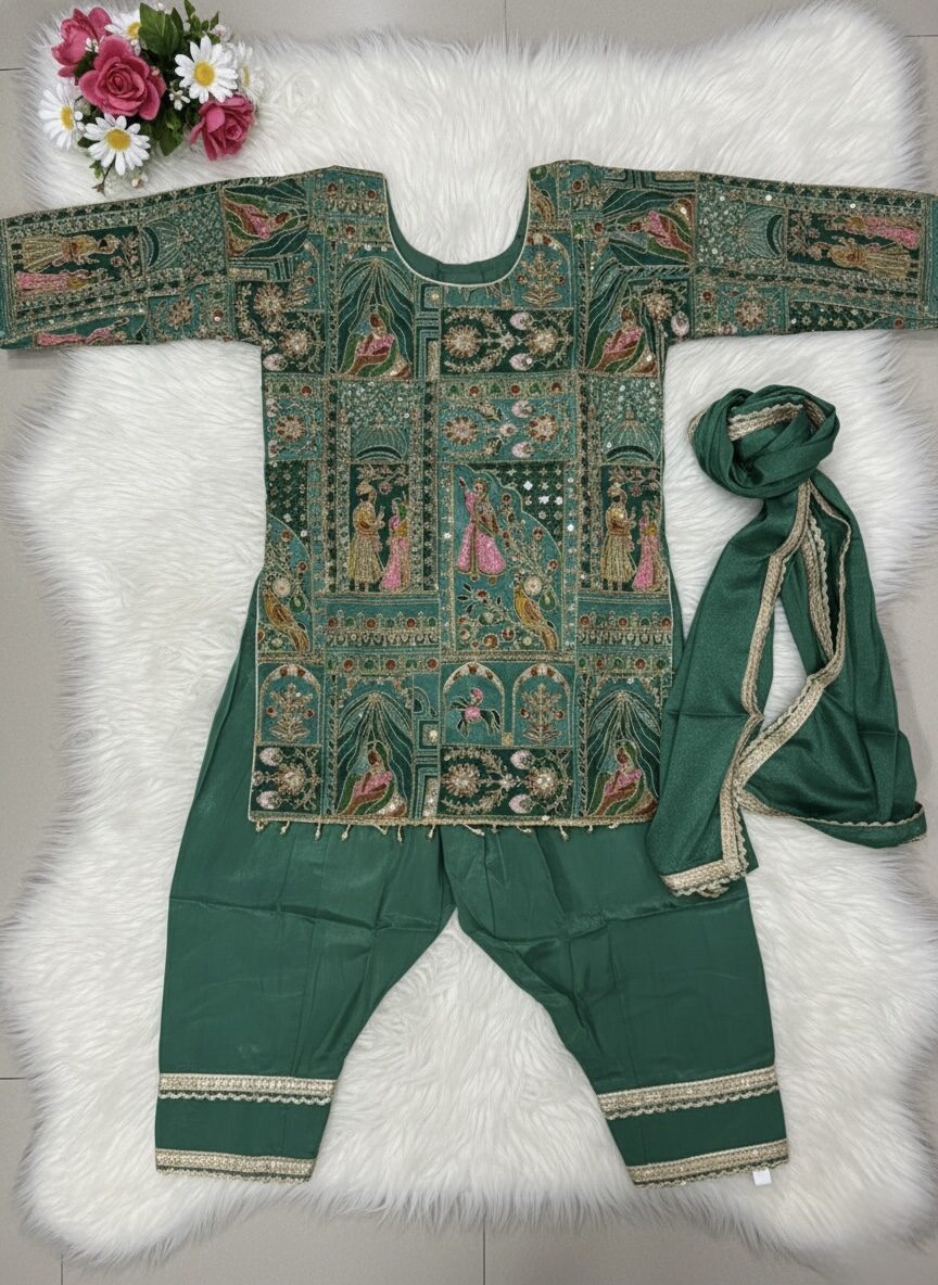 Raja Rani Pattern Girls Suit- Bottle Green