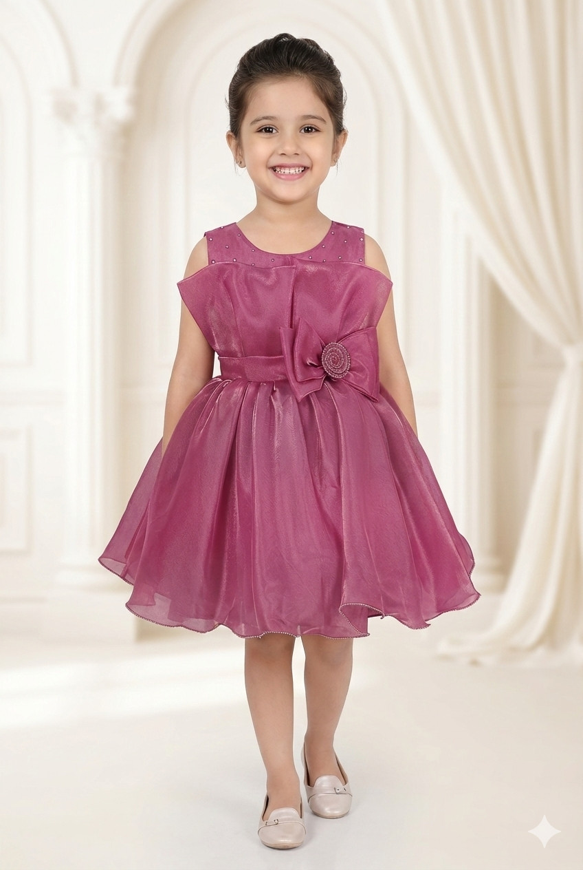Elegant Girls’ Magenta Organza Party Frock with Oversized Bow and Crystal Embellishments
