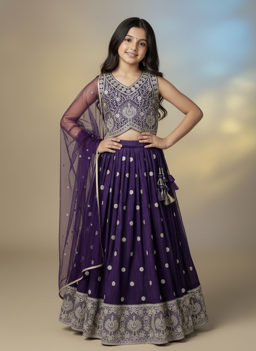 Girls' Royal Purple Silk Lehenga Choli – Designer Peacock Embroidery Set