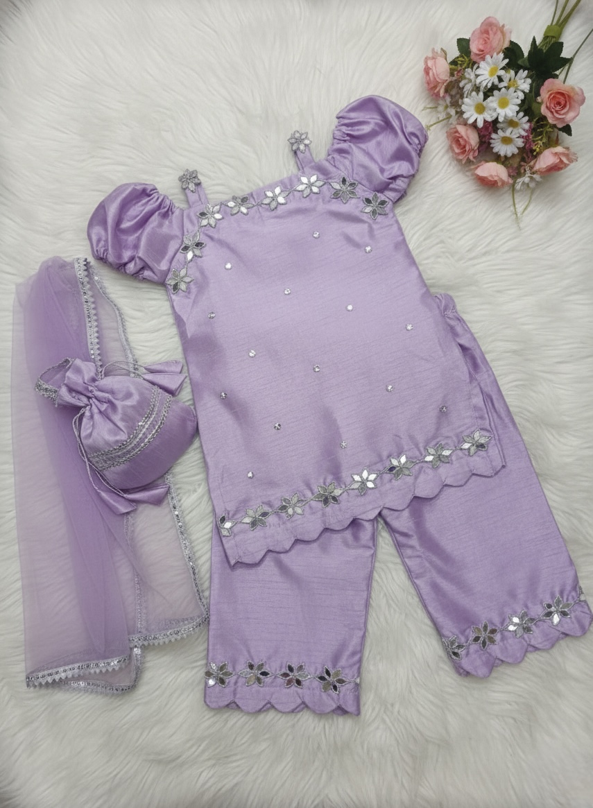 Lavender Silk Kids' Ethnic Wear Set – Embroidered Kurta with Trousers, Dupatta & Potli Bag