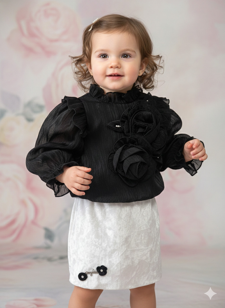 Toddler Girls' Couture-Style Long Sleeve Party Dress - Black Rosette Bodice & White Velvet Skirt