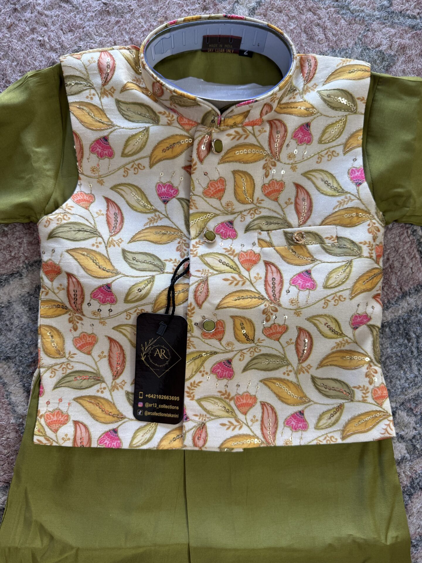 Elegant Olive Green Kurta Set with Floral Printed Nehru Jacket for Toddler Boys - Image 2