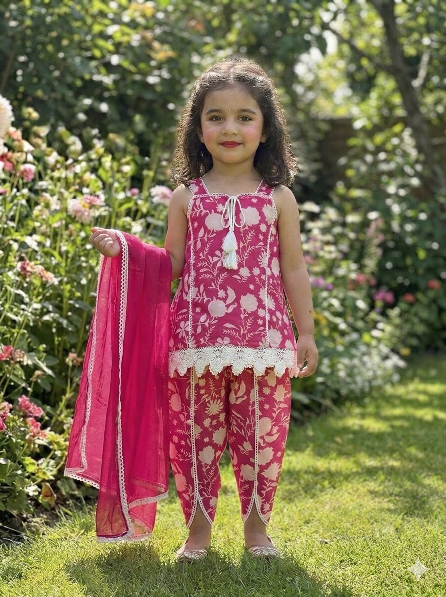 Girls Magenta Floral Dhoti Set - Pure Cotton Ethnic Festive Wear