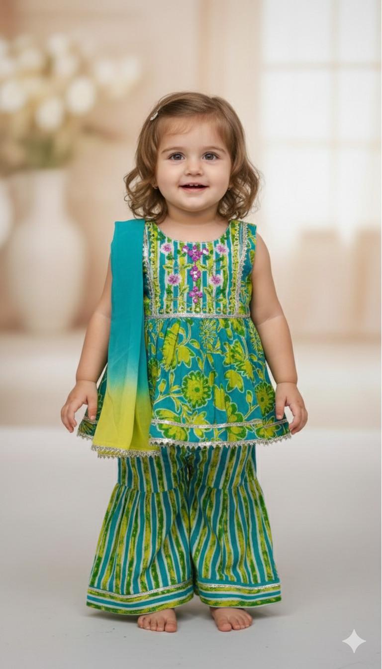 Toddler Girls' Floral & Stripe Print Sharara Set with Dupatta