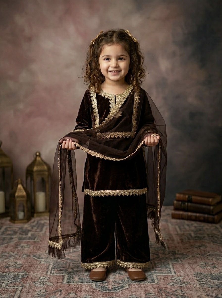 Girls Designer Velvet Palazzo Suit – Chocolate Brown & Gold – 3 Piece Set