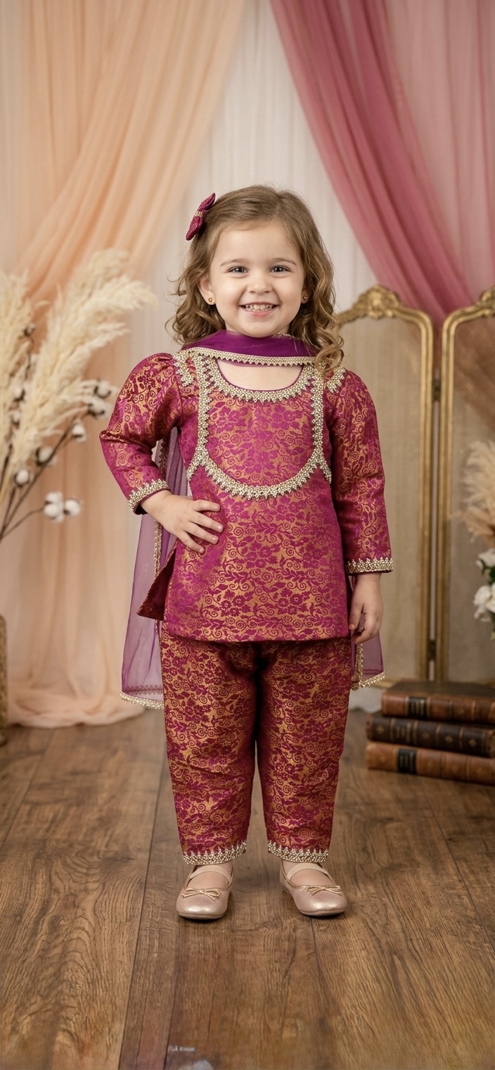 Designer Kids’ wine & Gold Banarasi Brocade Kurta Set with Dupatta – 3-Piece Ethnic Wear - Image 2