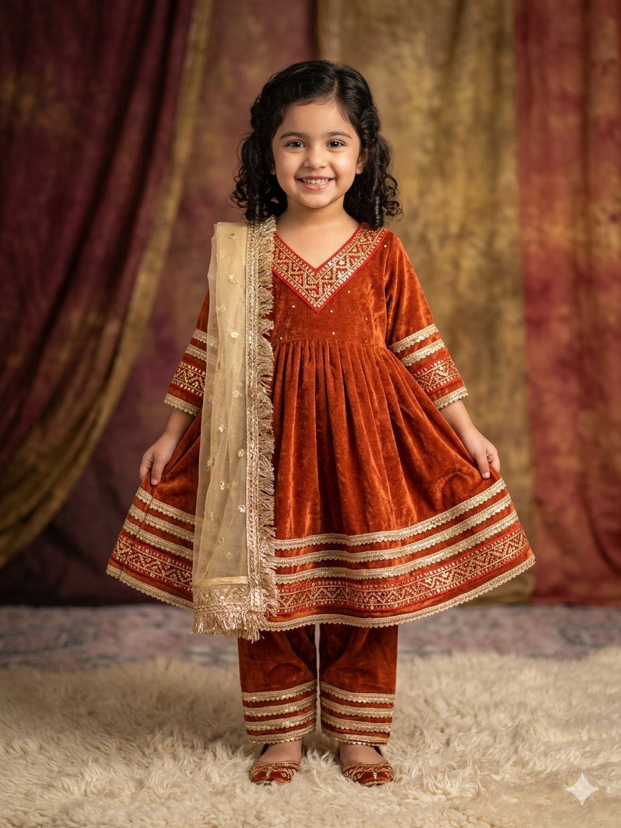 Luxurious Rust Velvet Mother & Daughter Matching Suit - Image 2