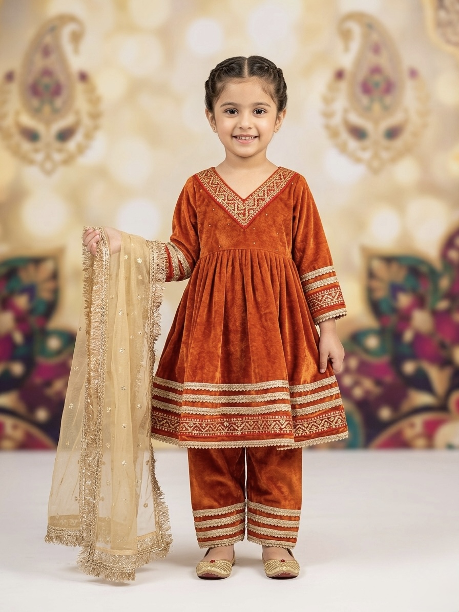 Luxurious Rust Velvet Mother & Daughter Matching Suit - Image 3