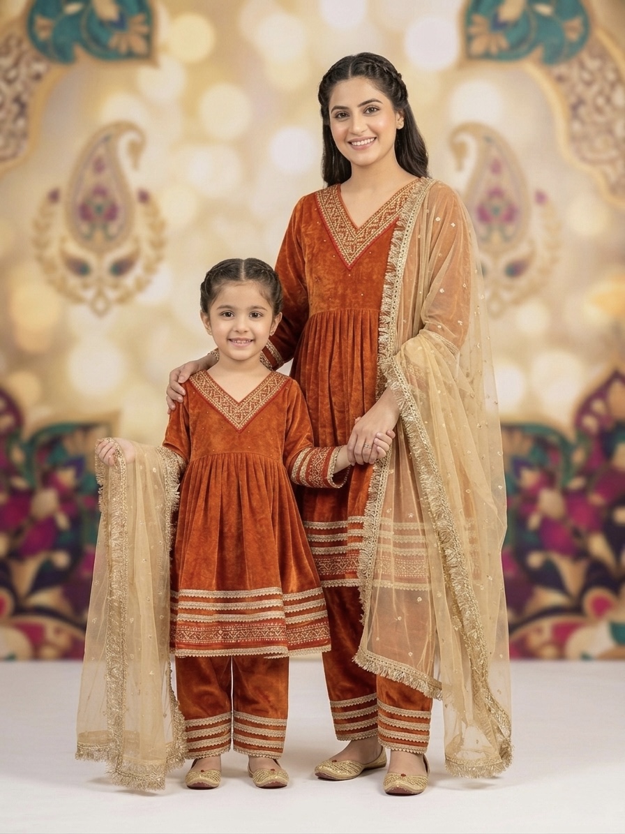 Luxurious Rust Velvet Mother & Daughter Matching Suit