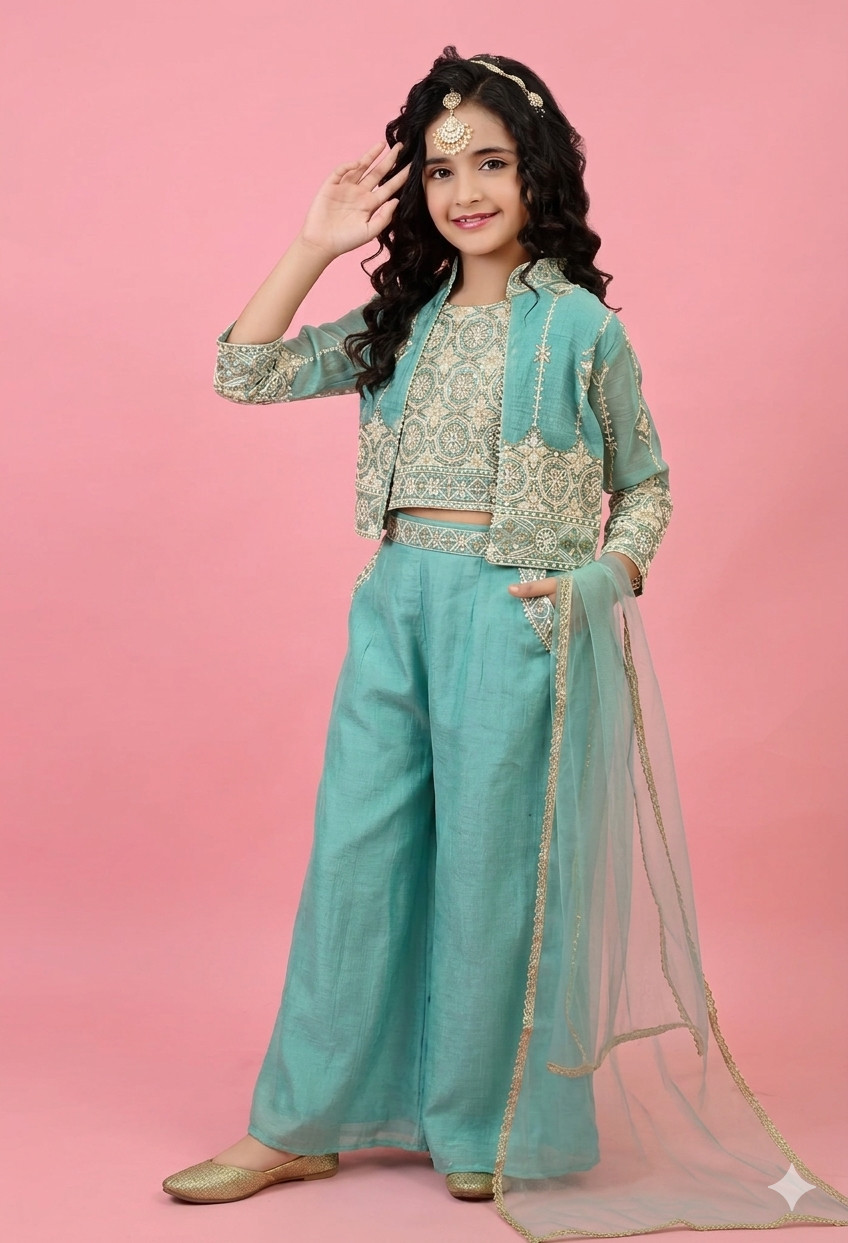 Designer Teal Blue Girls Indo-Western Palazzo Set with Embroidered Jacket