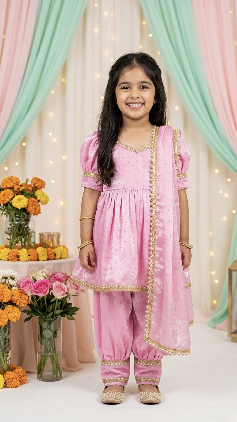 Girls' Pink silk Angrakha Salwar suit