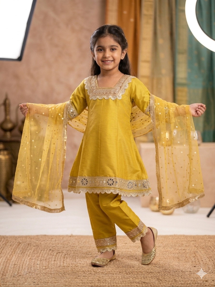 Girls Mustard Yellow Embroidered Pakistani Suit