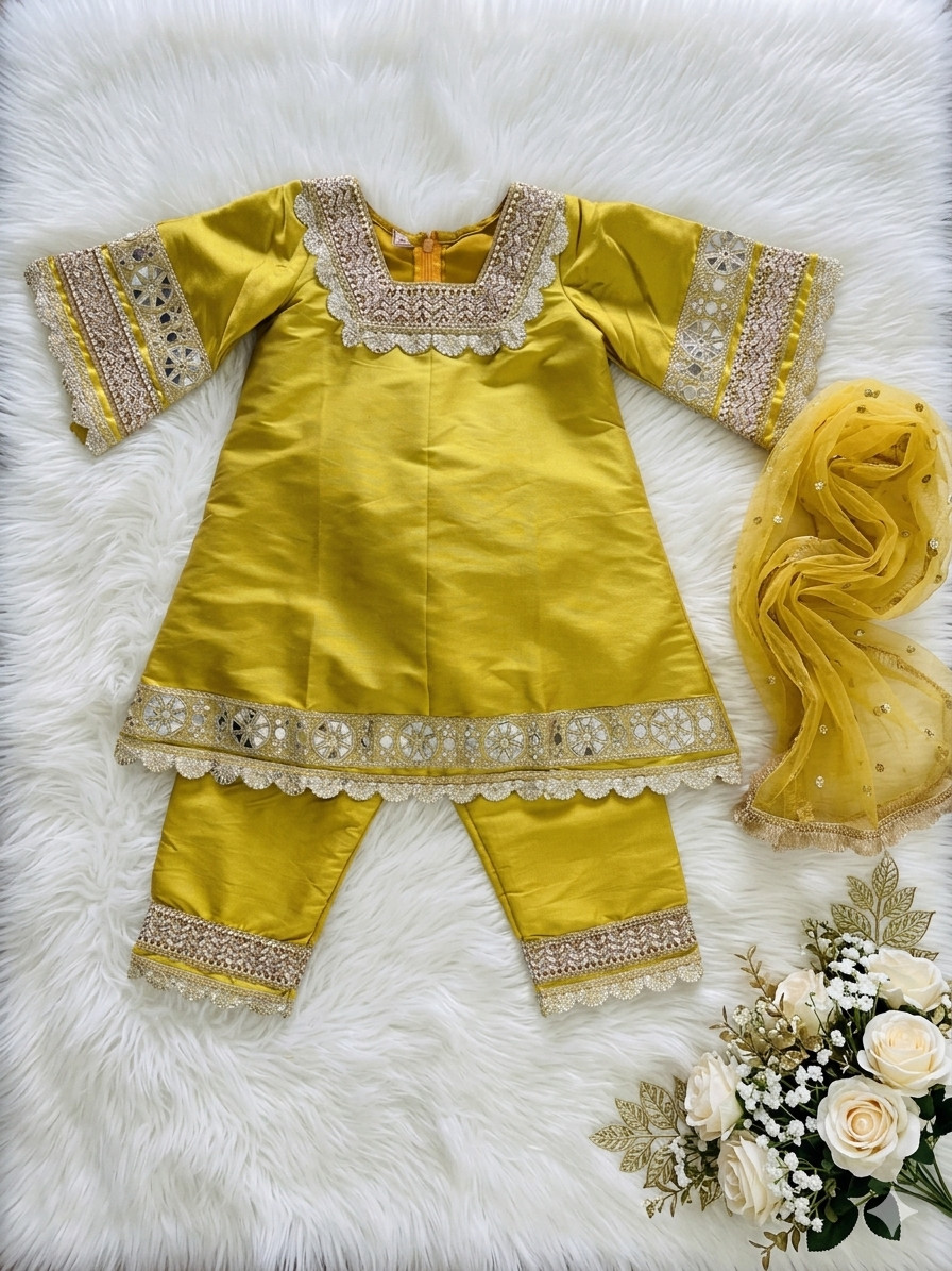 Girls Mustard Yellow Embroidered Pakistani Suit - Image 2
