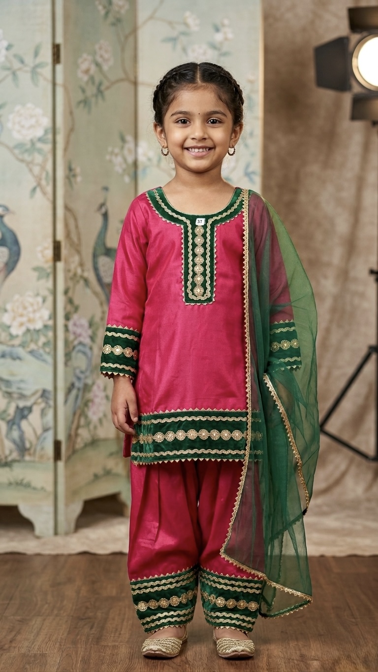 Girls' Hot Pink & Emerald Green Punjabi Suit
