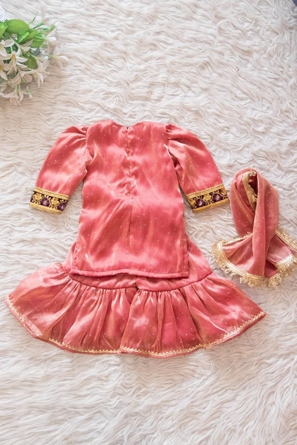 Girls Coral Pink Embroidered Kurta and sharara Set with Net Dupatta - Image 2