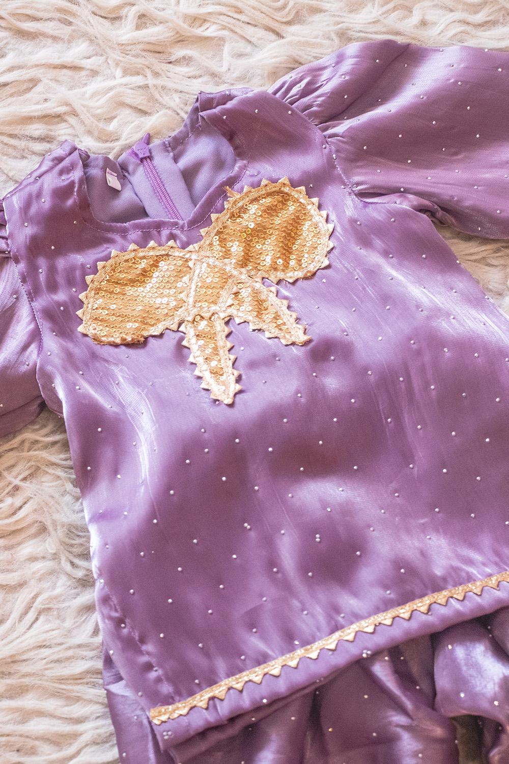 Girls' Lavender Festive Suit with Gold Sequin Bow & Net Dupatta - Image 2