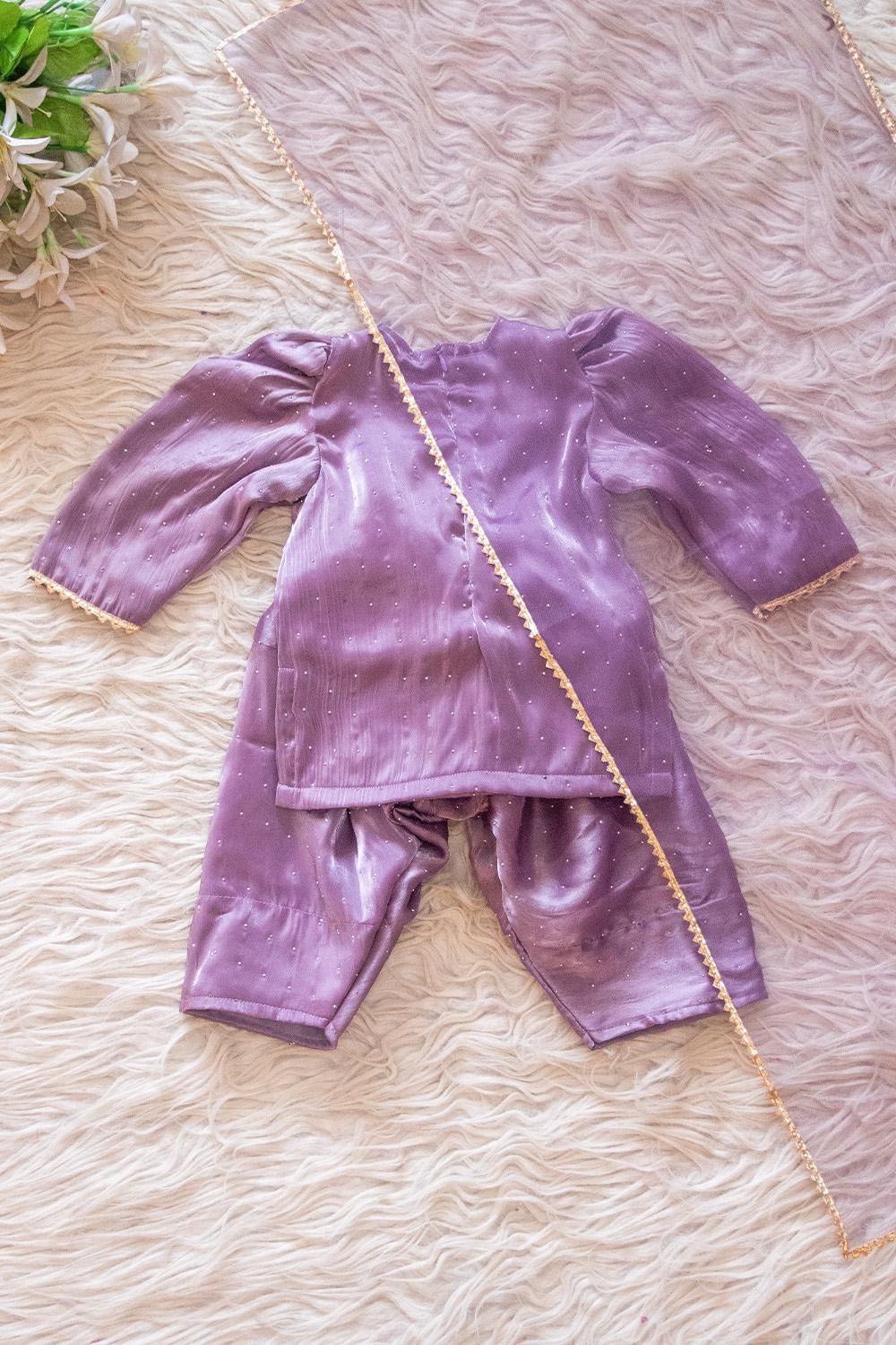 Girls' Lavender Festive Suit with Gold Sequin Bow & Net Dupatta - Image 3