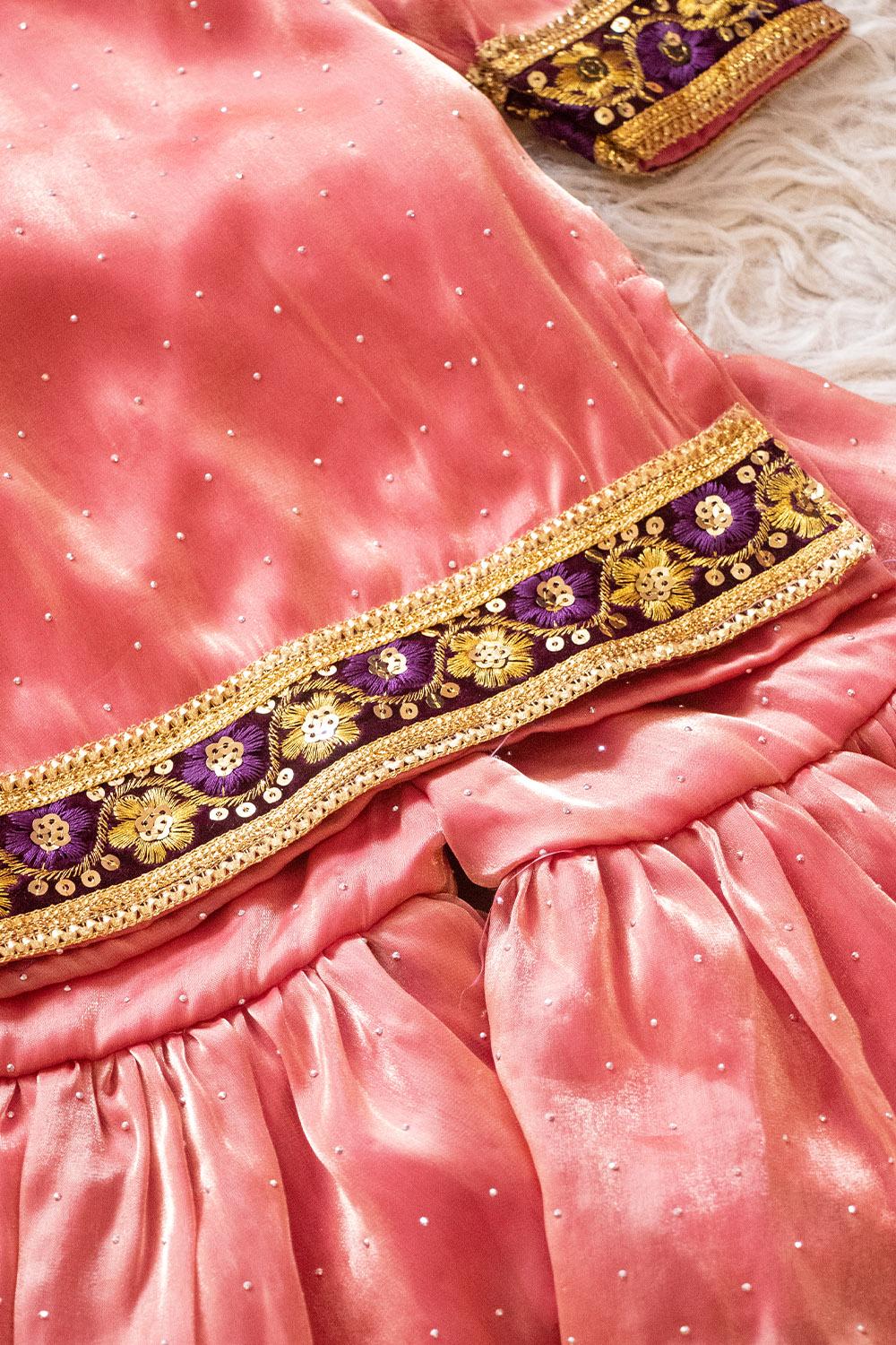 Girls Coral Pink Embroidered Kurta and sharara Set with Net Dupatta - Image 3